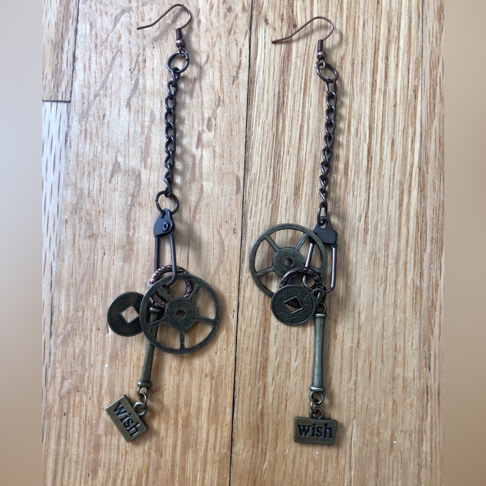 Steampunk Wish drop bronze tone earrings